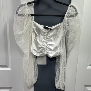 ASOS Ivory Ruched Blouse with Polka Dot Sleeves
